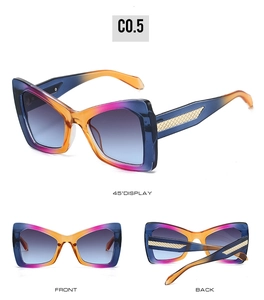 Three-angle view of oversized gradient sunglasses with gold mesh temple details