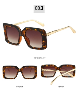 Detailed views of leopard print square sunglasses with golden metal temples and brown lenses