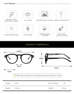 Detailed size chart for retro TR90 round glasses frames with full frame measurements