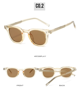 Détails de lunettes de soleil TR90 champagne avec verres bruns sous trois angles divers