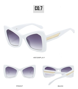 Three-angle views of white butterfly sunglasses with purple gradient lenses and gold accents