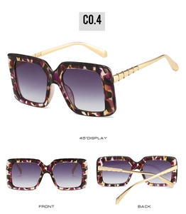 Detailed views of square tortoiseshell sunglasses with gradient lenses and gold metal temples