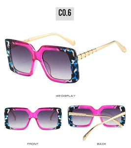 Detailed multi-angle view of square sunglasses with pink blue frames and gold metal temples