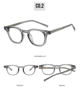 Vue triple de lunettes rétro TR90 gris transparent montrant le devant le dos et l'angle 45
