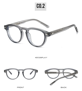 Retro TR90 round frame blue light glasses shown from 45 degree front and back views