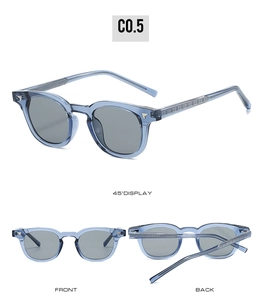 Vue détaillée des lunettes de soleil TR90 bleu clair avec verres gris et accents en métal