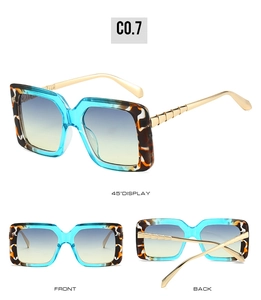 Detailed views of square tortoiseshell sunglasses with blue-orange gradient lenses and gold temples