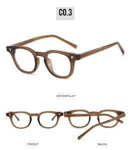 Vues multi-angles de monture de lunettes TR90 ambre montrant les détails face et côté