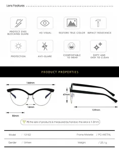 Detailed size chart for cat-eye glasses showing frame dimensions and material specs