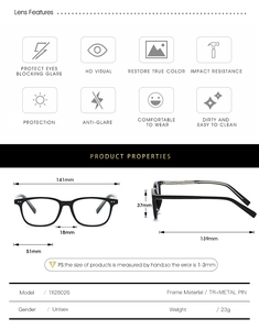 Schéma technique détaillé des lunettes TR90 montrant les dimensions et spécifications du cadre