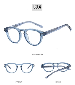 Detailed views of vintage round TR90 glasses frames in transparent grey blue finish