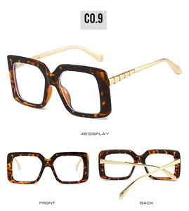 Three-way view of square tortoiseshell sunglasses with textured gold metal temples