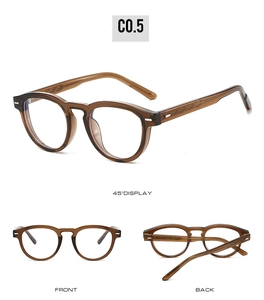Three-way view of retro round TR90 glasses frames with textured temples in dark brown