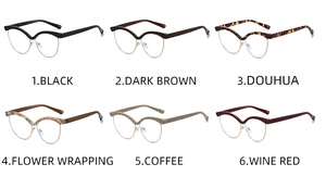 Cat-eye semi-rimless frames shown in six colors including black, tortoiseshell and wine red