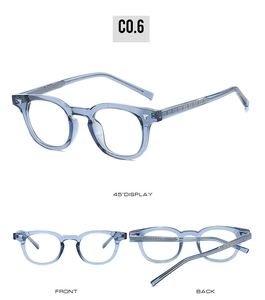 Vue en trois angles de lunettes TR90 bleues transparentes anti-lumière bleue et métal