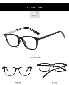 Vues détaillées avant et arrière de lunettes carrées noires TR90 avec filtre de lumière bleue