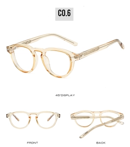 Detailed views of champagne round TR90 frames with textured temples and anti-blue lenses