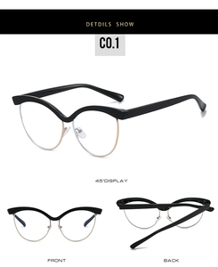 Detailed multi-angle view of cat-eye half-rim glasses with black and gold frame