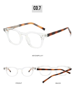 Vues détaillées de lunettes TR90 avec monture transparente et branches en écaille