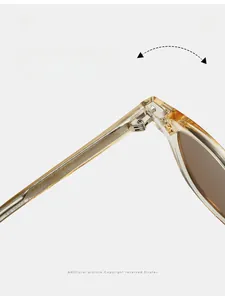 Gros plan détaillé sur la charnière métallique et la monture TR90 ambre de ces lunettes