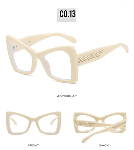 Detailed views of beige butterfly frame sunglasses with woven texture metal side accents