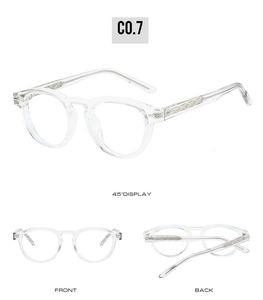 Detailed views of transparent round glasses frames showing metal wire core in the temples
