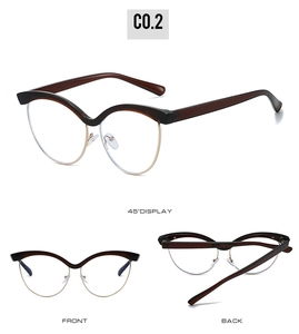 Three-way view of cat eye semi-rimless frames in tortoiseshell and gold metal finish