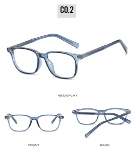 Vue triple de lunettes carrées en TR90 bleu-gris translucide avec détails métalliques