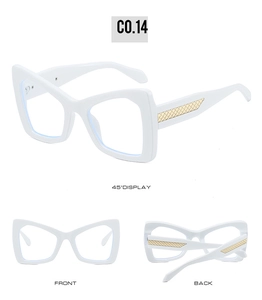 Detail view of white oversized butterfly sunglasses frames with gold textured temples