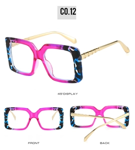 Multiple views of square pink tortoiseshell sunglasses with gold metal temples