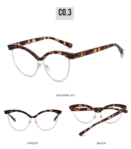Three angles of cat-eye anti-blue light glasses with leopard print and golden half-frames