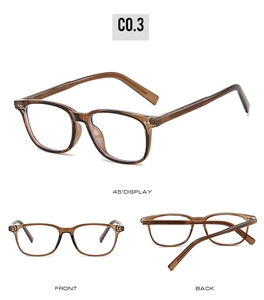 Vue sous trois angles des lunettes carrées TR90 ambre avec rivets métalliques fins