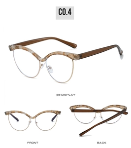 Three-view display of cat-eye frames with tortoiseshell top and golden metal lower rims