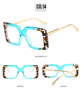 Three-way view of square tortoiseshell sunglasses with blue lenses and gold metal temples