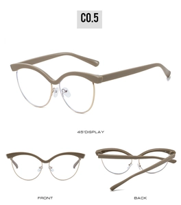 Detailed multi-angle view of khaki cat-eye semi-rimless glasses with gold metal frame