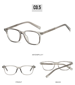 Vue détaillée des lunettes carrées en TR90 gris translucide avec angles de 45 degrés et de face
