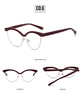 Detailed views of wine red cat-eye half-frame glasses from front, back, and 45-degree angles