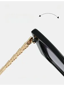 Detail of square sunglasses hinge with golden geometric metal temples and black frame