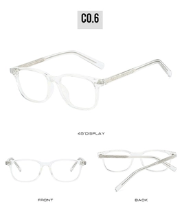 Vues détaillées des lunettes TR90 carrées transparentes anti-lumière bleue sous trois angles