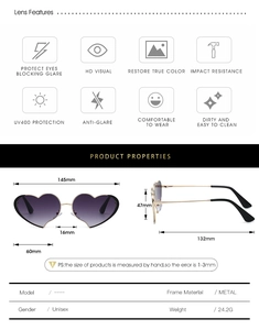 Guía de tallas detallada de gafas de sol de corazón con montura metálica y lentes