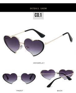 Tres vistas de gafas de sol de corazón con montura dorada y lentes degradadas lilas