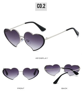 Vista detallada multiángulo de gafas de sol de corazón con lentes degradadas en color púrpura