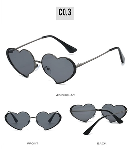 Presentación de tres vistas de gafas de sol con forma de corazón y montura de metal