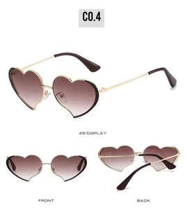 Vista desde tres ángulos de gafas de sol de corazón en metal con lentes degradados café