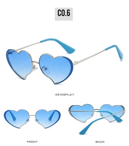 Tres vistas de gafas de sol de corazón con montura metálica y lentes azules degradados