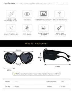 Detailed size guide and specifications for heart-shaped rhinestone sunglasses with UV400 protection