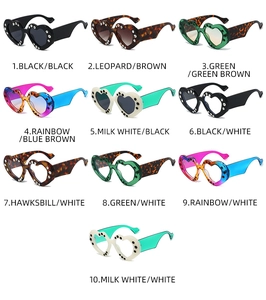 Detailed catalog of heart-shaped rhinestone sunglasses in ten diverse color combinations