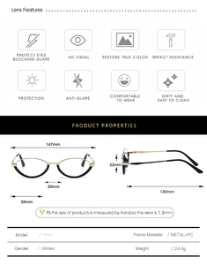 Detailed size specifications for metal and PC semi-rimless unisex anti-blue light glasses