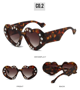 Detailed views of tortoise shell heart sunglasses with double-row rhinestone crystal trim
