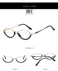 Three-way view of cat-eye gold and black metal frames with reinforced lower rims